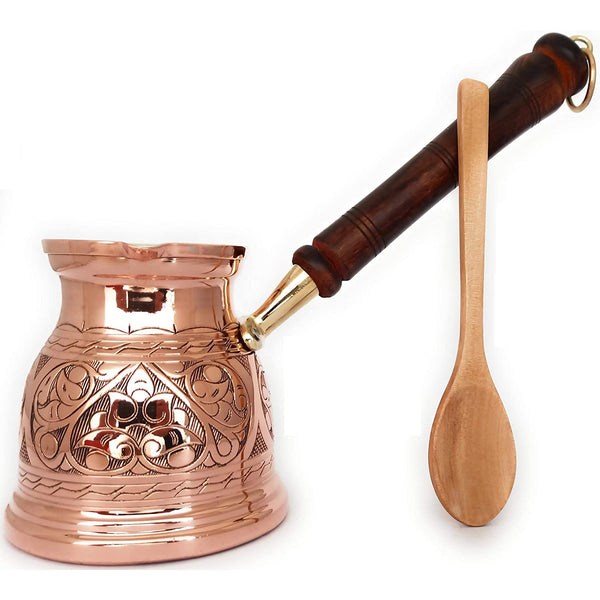 (XLarge-16.9 floz) - Thickest Solid Copper Engraved Turkish Greek Arabic Coffee Pot with Wooden Handle, (Shiny)