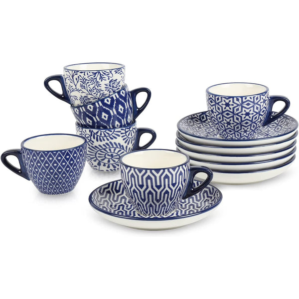 Ceramic 2.8 oz Espresso Cups - Small Espresso Coffee Cup Set with Saucers - Vintage Blue