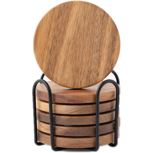 Wood Coasters for Drinks with Holder - Set of 6 - Acacia Wooden Coasters - Round with Non-Slip Pad