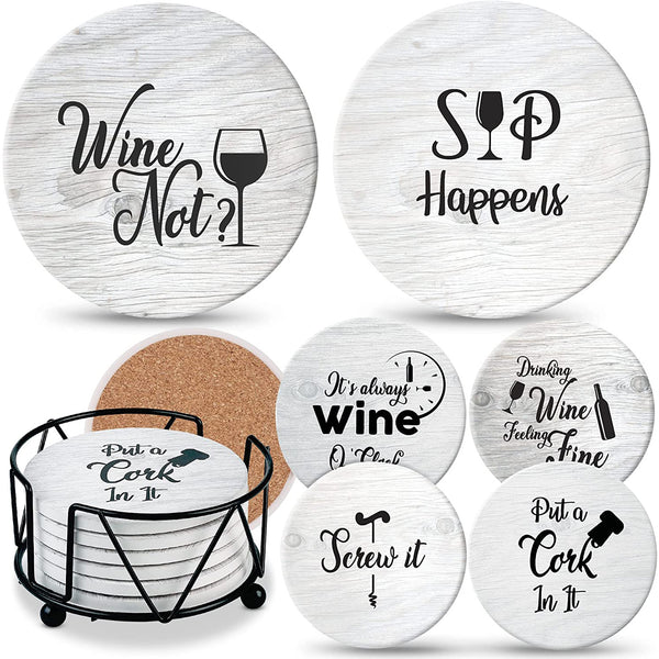 Coasters for Drinks Absorbents with Holder - 6 Pcs Gift Set with 6 Funny Sayings for Wine Lovers