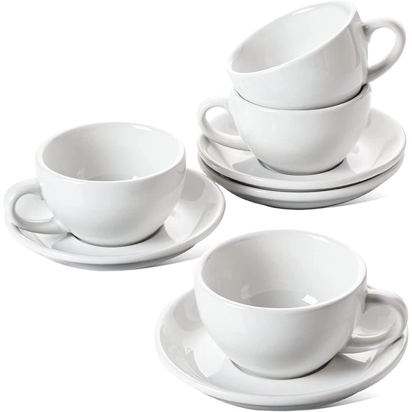 8 oz Cappuccino Cups with Saucers, Ceramic Large Coffee Cup - Set of 4, White