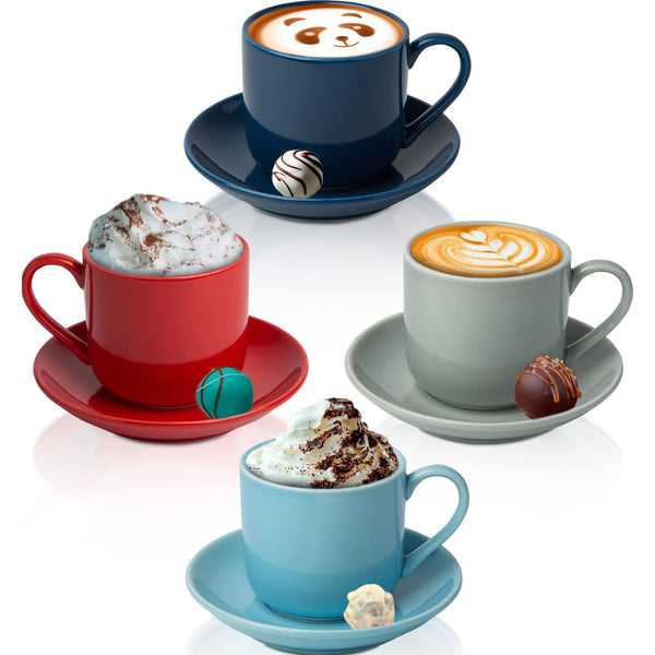 4oz. Espresso Cups Set of 4 With Matching Saucers - Premium Porcelain, 8 Piece Gift Box Demitasse Set - Red, Blue & Grey