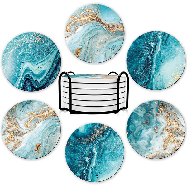Coasters for Drinks, Round Absorbent Ceramic Stone Coasters Set of 6 with Cork Base, 4 Inches, Teal Marble