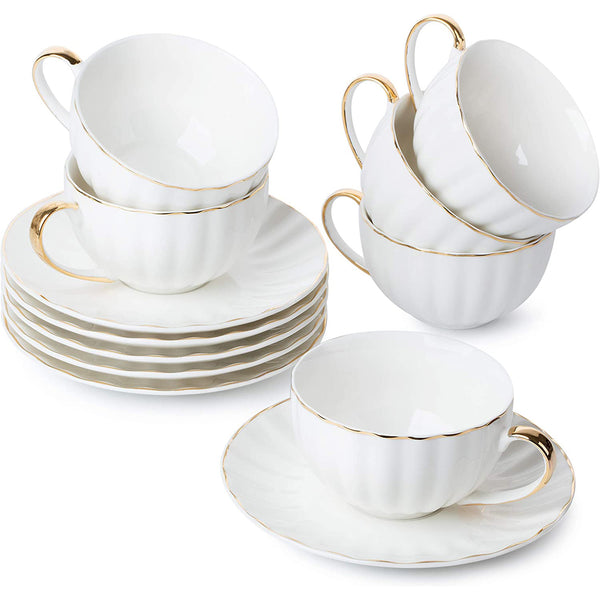 Set of 6 (7 oz) with Gold Trim and Gift Box - Cappuccino Cups, Coffee Cups, British Coffee Cups, White Cup