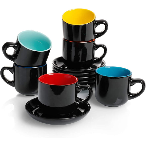 Porcelain Cappuccino Cups with Saucers - 6 Ounce for Coffee Drinks - Set of 6, Black Multi Color