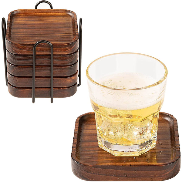 Wooden Coasters for Drinks - Natural Pine Wood Drink Coaster Set with Non-Slip Mat for Drinking Glasses, Set of 5 - Dia 4.33 x 4.72 x 0.8 Inches