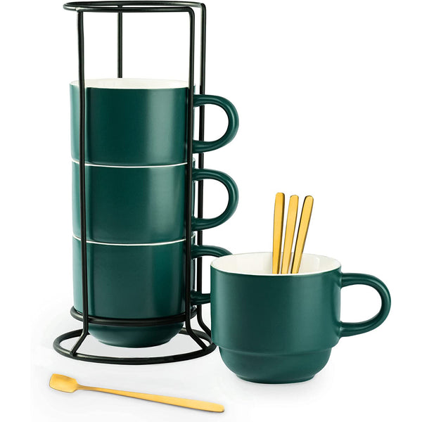 Porcelain Coffee Mug Set With Spoons and Metal Rack, 11 Ounces Stacking Cups - Perfect For Coffee Drinks - Set of 4 - Dark Green