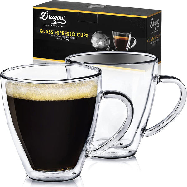 Espresso Cups - Clear Glass Double Wall Insulated Coffee Cups - 6oz, Set of 2