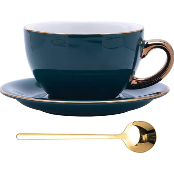 Luxury Gold 10 oz Thick Ceramic Latte Art Cappuccino Barista Cup with Saucer (Peacock Green)
