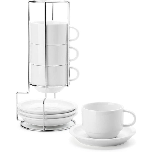 Porcelain Stackable Cappuccino Cups with Saucers and Metal Stand - 8 Ounce for Specialty Coffee Drinks - Set of 4, White