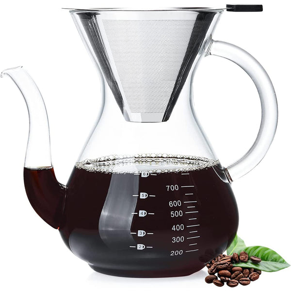 Pour Over Coffee Maker - 1000ml/34oz -  Paperless Borosilicate Glass Carafe and Reusable Stainless Steel Permanent Filter
