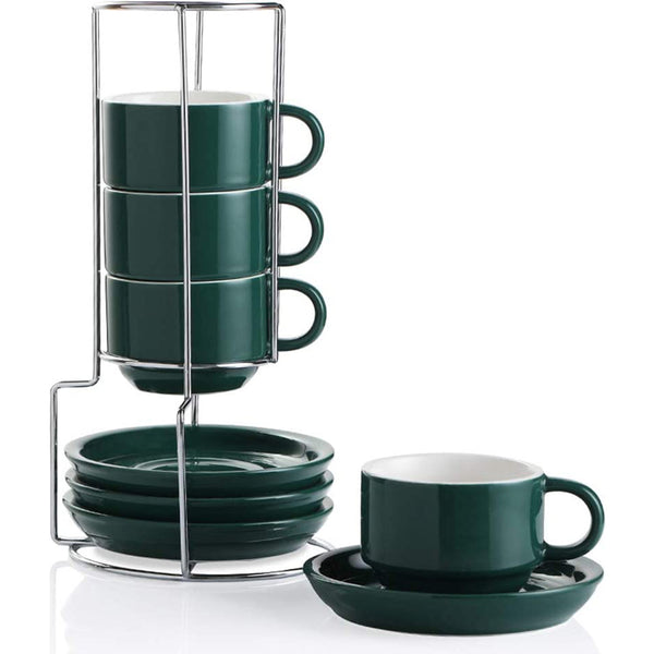 Porcelain Espresso Cups with Saucers, 4 Ounce - Set of 4 (Jade)