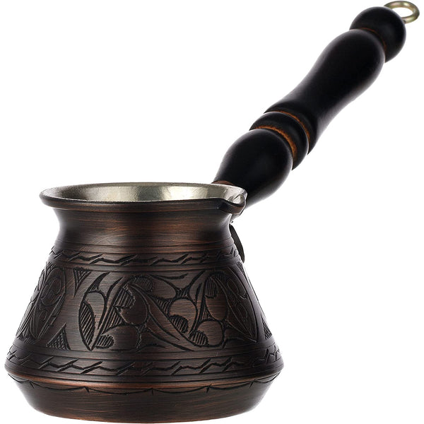 2mm Thickest Copper Turkish, Greek, Arabic Coffee Pot- Coffee Maker Cezve with Wooden Handle & Spoon, for 3 People (Antique Copper)