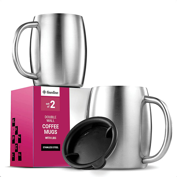 Insulated Stainless Steel Coffee Mug with Lid and Handle (2 Pk) 14 oz.- Keeps Coffee/Tea Hot And Beer Cold Longer