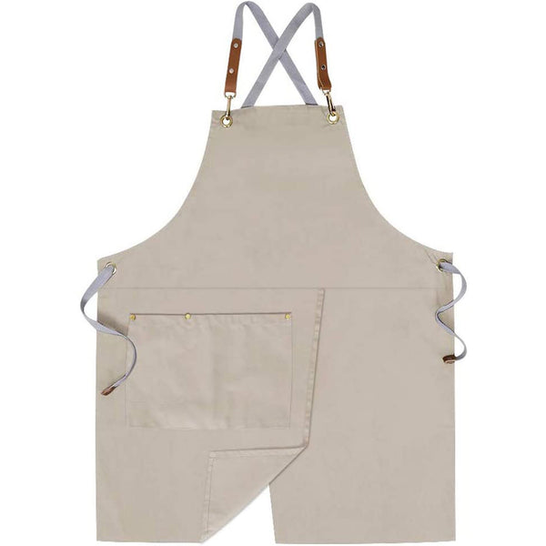 Crossback Apron with Pockets x2,Split Apron with Adjustable Straps,M-XXL (Beige)