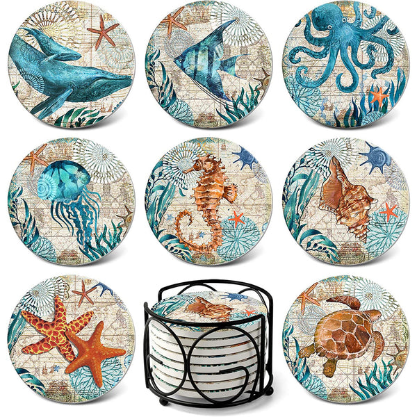 Absorbing Stone Sea Ocean Life Coasters for Drinks, Set of 8