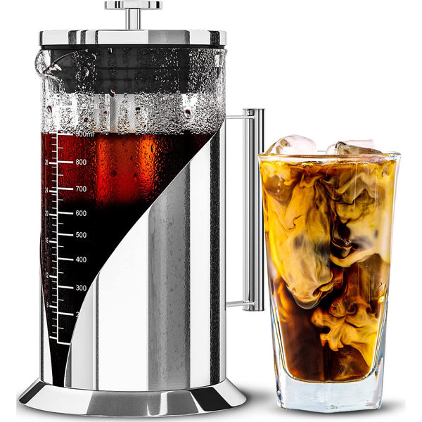 Cold Brew Coffee Maker - 34 Ounces - Ice Tea and Coffee Glass Pitcher - Stainless Steel Iced Coffee Maker Press