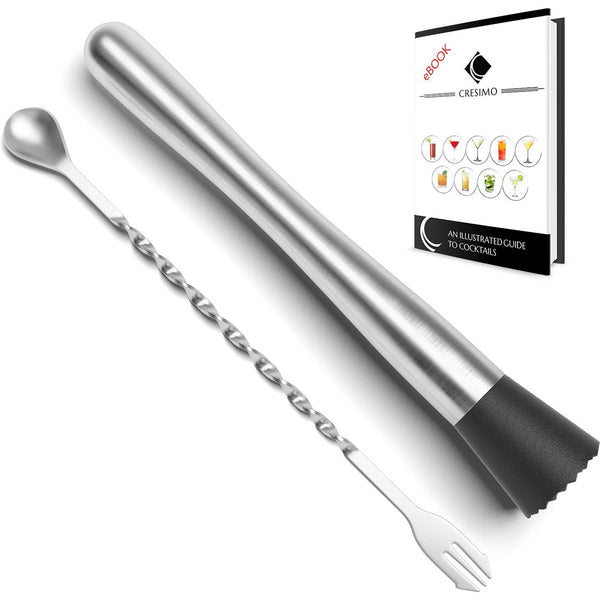 10 inch Stainless Steel Cocktail Muddler and Mixing Spoon with Cocktail Recipes Book