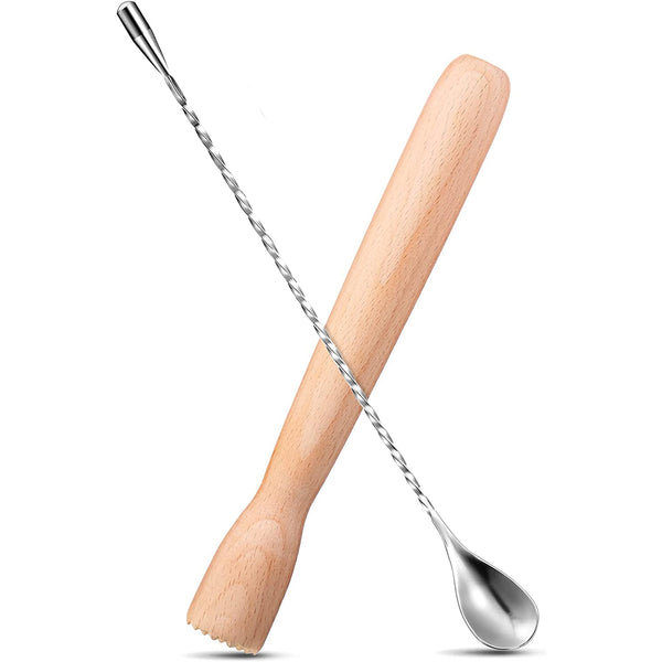 Wooden Cocktail Muddler Drinks Muddler Bar Muddler and 12 Inches Spiral Mixing Spoon (Simple Style)