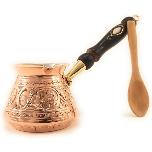 (Small) - Thickest Solid Engraved Copper Turkish Greek Arabic Coffee Pot / Stovetop Coffee Maker, (9 fl oz)