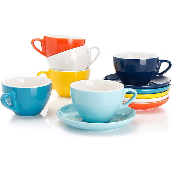 Porcelain Cappuccino Cups with Saucers - 6 Ounce for Specialty Coffee Drinks - Set of 6, Multicolor, Hot Assorted Colors
