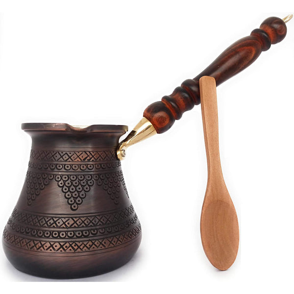 (Large-14fl.oz) - Thickest Solid Copper Engraved/Hammered Turkish Greek Arabic Coffee Pot with Wooden Handle, (Antique)