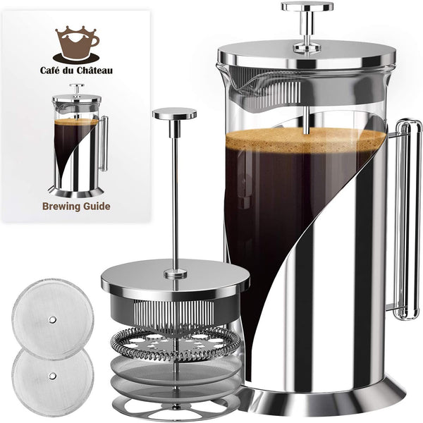 French Press Coffee Maker - Heat Resistant Glass with 4 Level Filtration System, Stainless Steel Housing - Large 34 Oz Carafe Coffee Presser