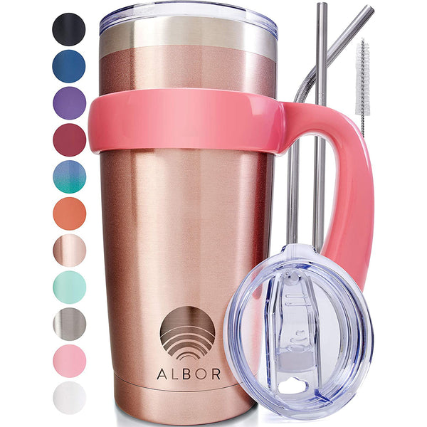 Insulated Tumbler with Lid and Straw - 20 oz Insulated Coffee Mug with Handle, Travel Coffee Mug with 2 Lids, 2 Metal Straw, Brush and Storage Bag, Rose Gold