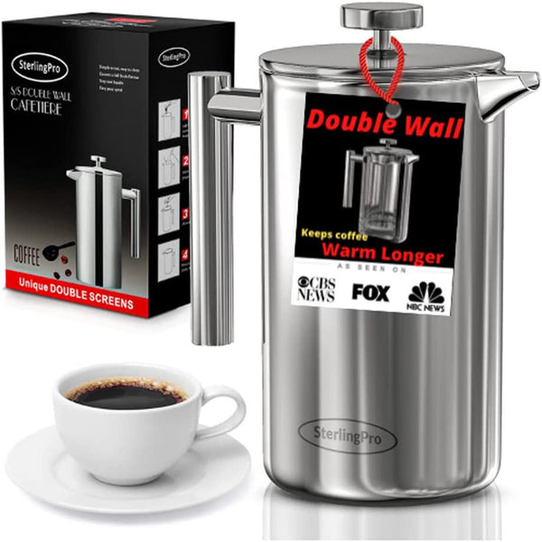 French Press Coffee Maker(1.75L)-Double Walled Large Coffee Press with 2 Free Filters - Stainless Steel French Press