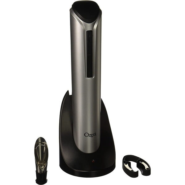 Electric Bottle Opener with Wine Pourer, Stopper, Foil Cutter, and Elegant Recharging Stand, Silver