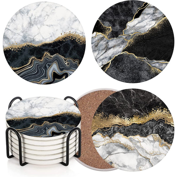 Coaster for Drinks Set of 6, Marble Gold Artificial Stone Black Absorbent Round Ceramic Stone Mat