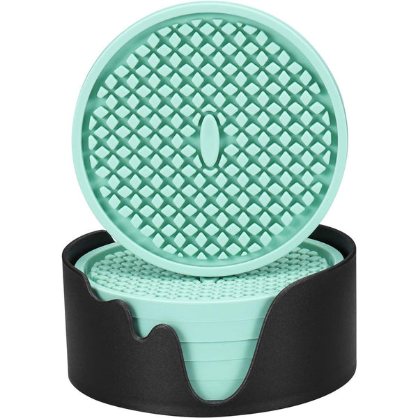 Silicone Coasters [6 Pack] Thickened Drink Coasters with Holder - Cup Mat (Peppermint Green)