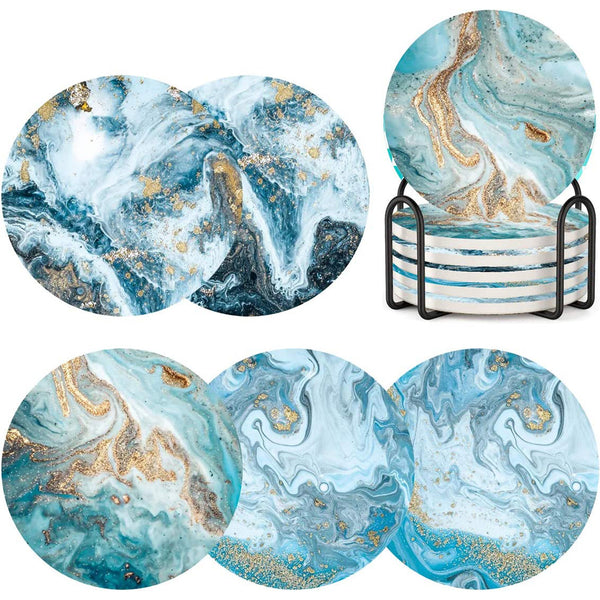 Coasters for Drinks with Holder Set of 6, Marble Blue Ocean Style Absorbent Ceramic Coasters with Cork Base