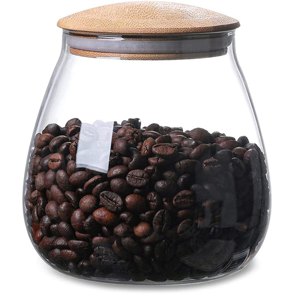 Clear Cute Glass Storage Canister Holder with Airtight Bamboo Lid - Round Modern Decorative Small Container Jar for Coffee