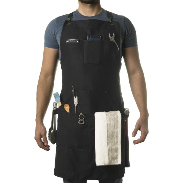 BBQ and Work Apron with Bottle Opener and Hand Towel - Durable 10oz Cotton Canvas - For Men, Women, Grilling, and Cooking (Black)