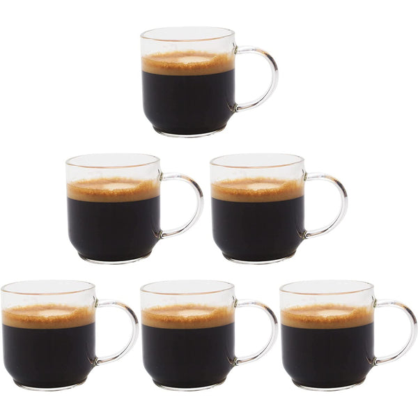 Espresso Cups (4 Ounce) with Large Handle - Set of 6 - Glass Coffee Cups for Nespresso Lungo, Double Espresso