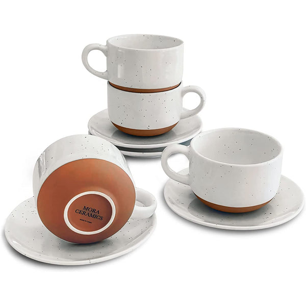 8oz Cappuccino Mug Set of 4 - Ceramic Coffee Cups with Saucers - Porcelain Mugs for Kitchen or Cafe - Vanilla White