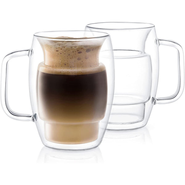Glass Coffee Cups - Double Wall Insulated Mugs Set of 2 Latte Glasses, 16-Ounces