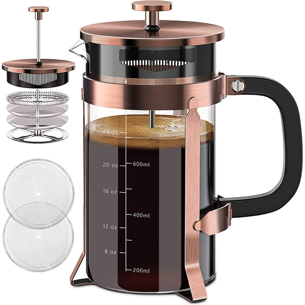 French Press Coffee Maker - 34oz - 304 Stainless Steel French Press with 4 Filter, (Copper)