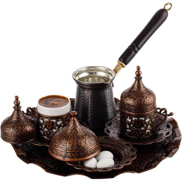 Turkish Greek Arabic Coffee Full Set with Cups Saucers Lids Sugar Bowl Tray and Copper Coffee Pot, 12 Pcs