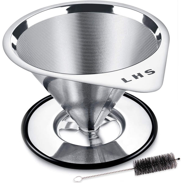 Pour Over Coffee Dripper Stainless Steel - Paperless Reusable Single Cup Coffee Maker 1-2 Cup With Non-slip Cup Stand and Cleaning Brush