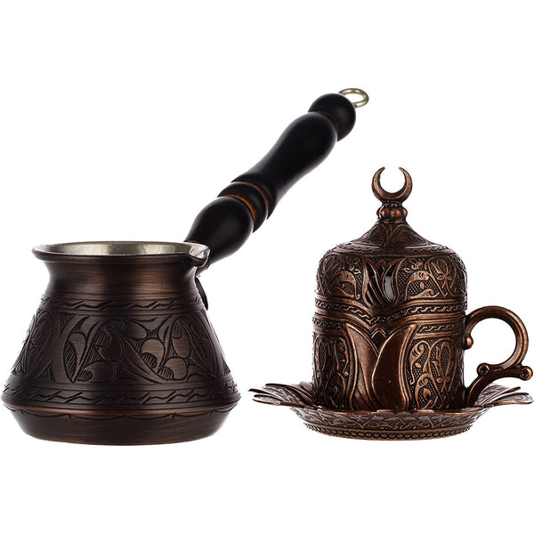 6 Pcs Turkish Greek Coffee Set for 1 with Engraved Copper Pot and Heavy Duty Cup Saucer Lid and Spoon (Antique Copper)