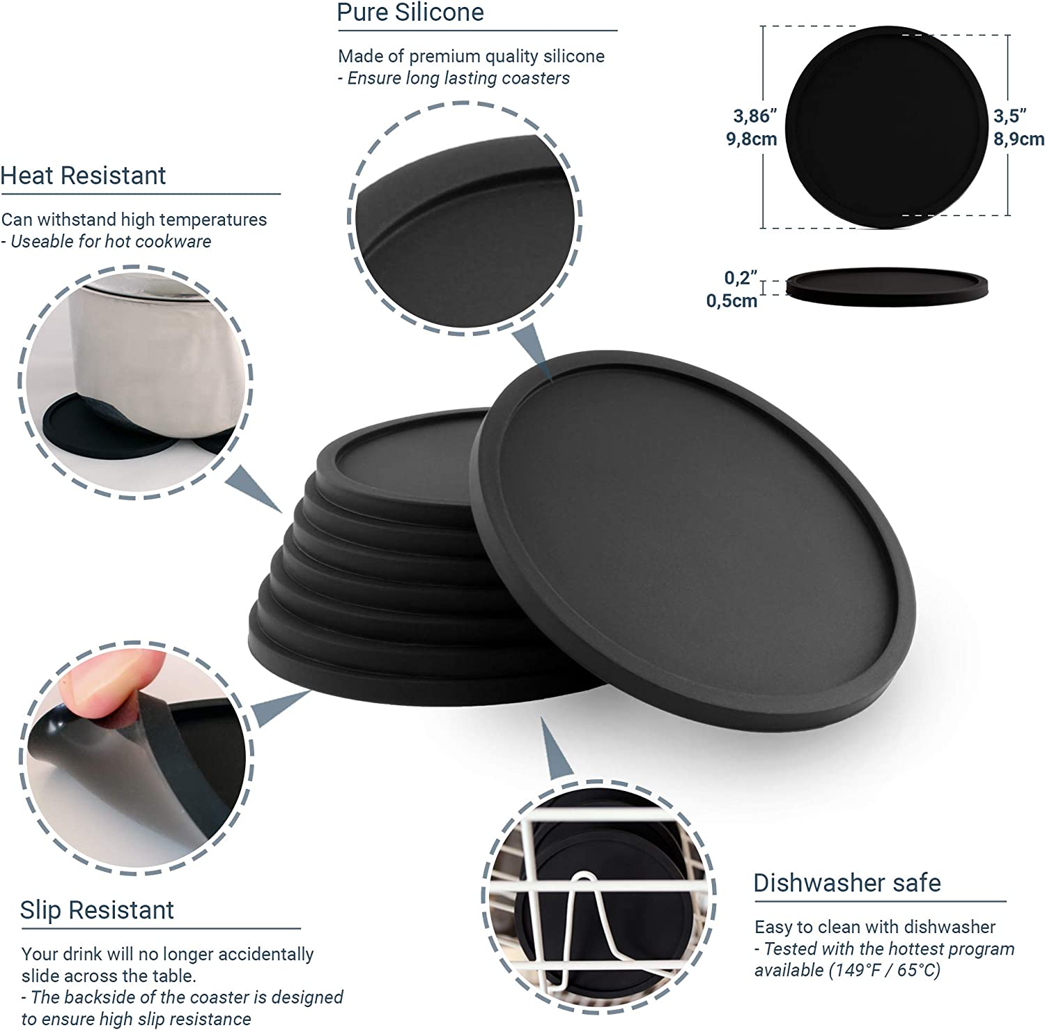 Silicone Coasters with Holder Set of 8 - Black - Thumbnail 2